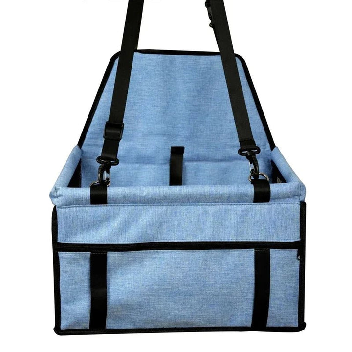 Car booster pet seat with safety belt, ideal for small dogs and easy to fold for storage