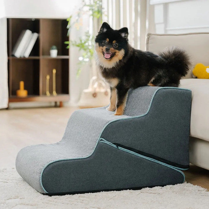 Foldable dog steps with orthopedic foam for small dogs, providing pet mobility and joint support.