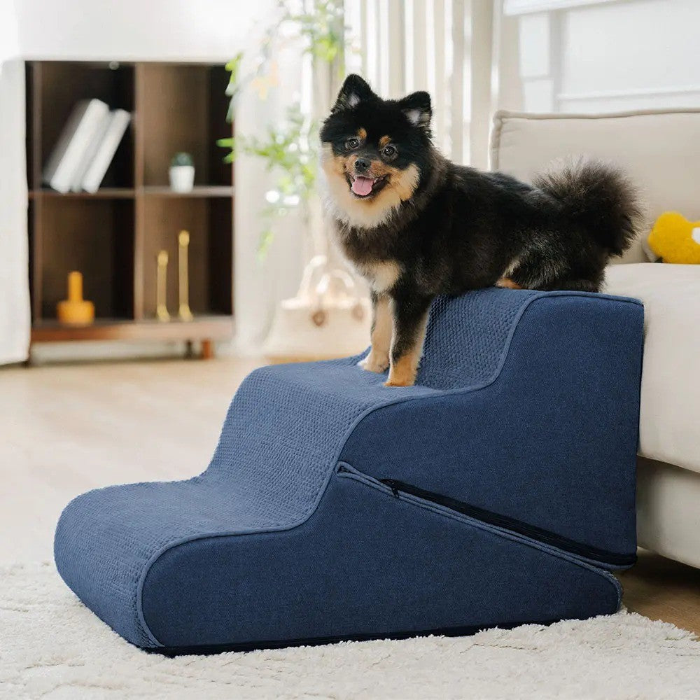 Unisex pet safety 2-in-1 foldable dog steps with a washable cover for senior pets.