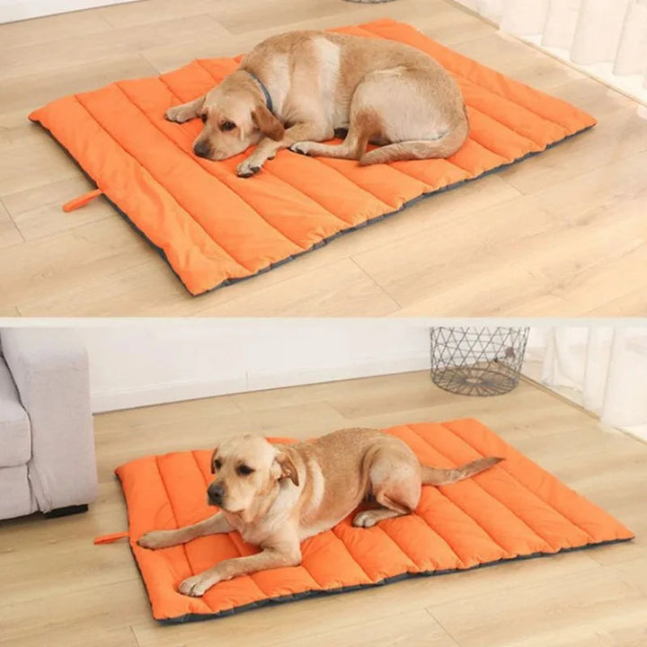Dog lying comfortably on a gray waterproof pet travel mat, perfect for outdoor adventures and easy cleanup.
