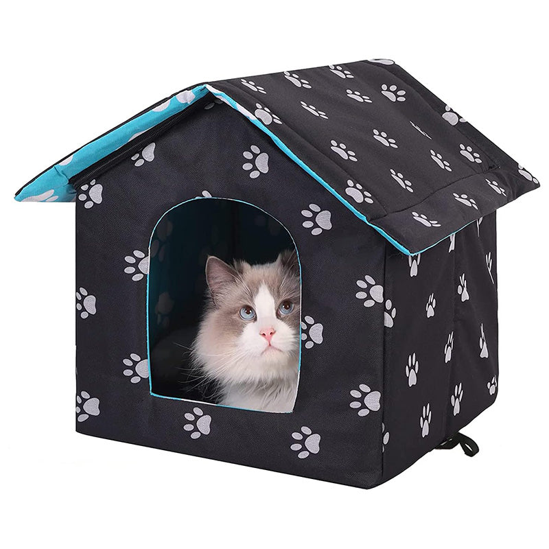 Foldable outdoor cat house with self-warming pad for winter, waterproof pet shelter