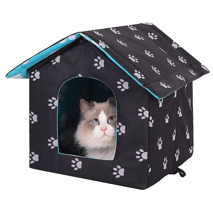 Foldable outdoor cat house with self-warming pad for winter, waterproof pet shelter