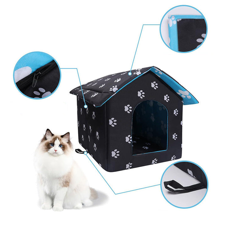 Self-warming outdoor cat house, foldable and waterproof pet shelter for cold weather