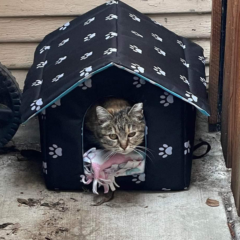 Waterproof outdoor cat house designed for felines, includes self-warming pad