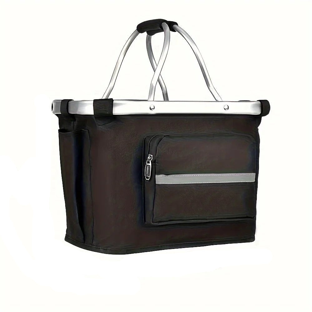 Foldable pet bicycle basket for small dogs, cats, and small pets. Soft-sided travel carrier.