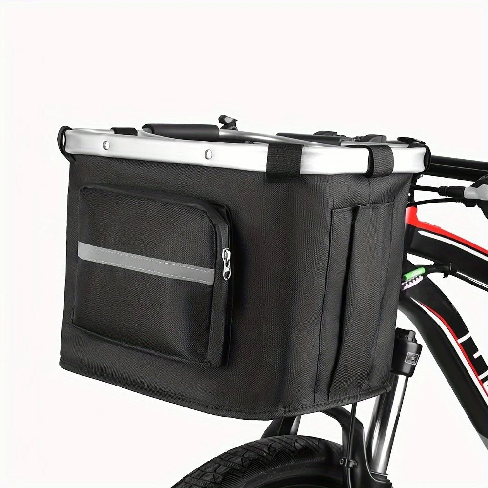 Small pet bike basket, foldable and soft-sided, for easy dog or cat travel on bicycles.