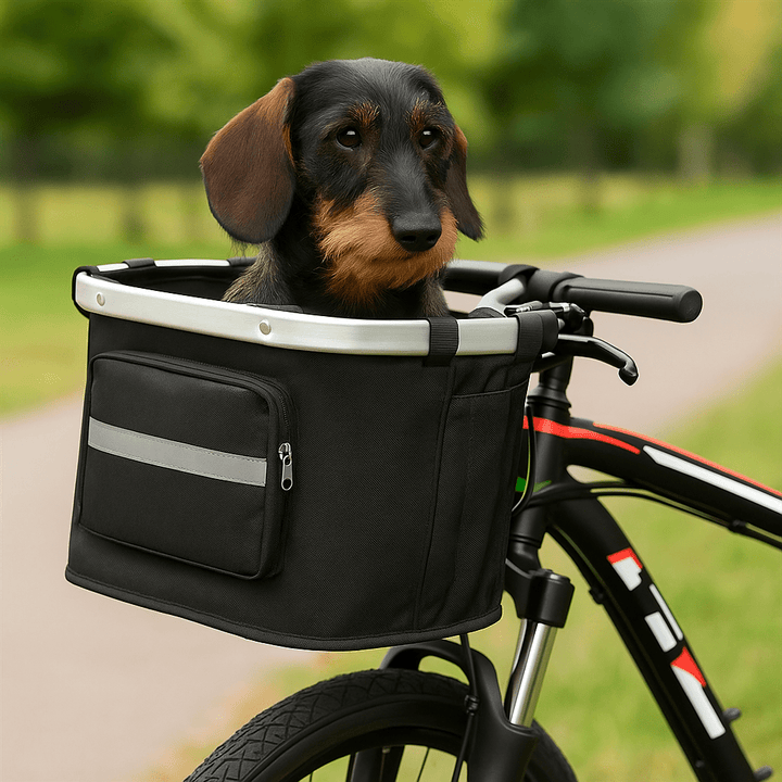 Soft-sided dog carrier bike basket, foldable for small pets, excellent for bicycle travel.