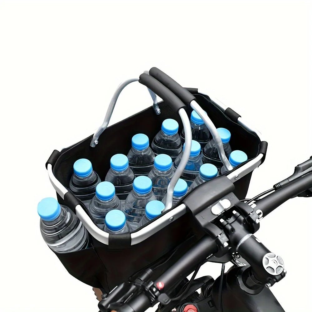 Pet bicycle basket, foldable and soft-sided, ideal as a travel carrier for small dogs and cats.