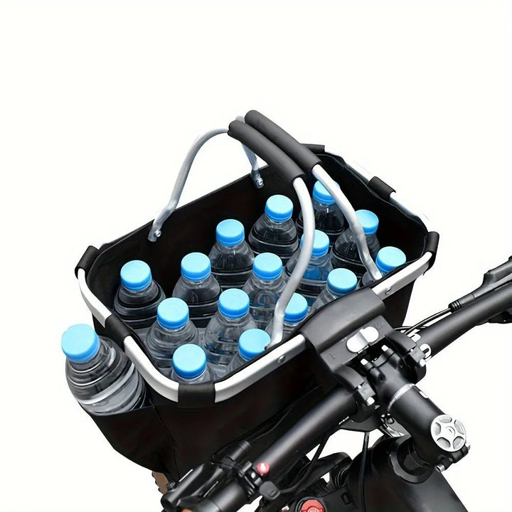 Pet bicycle basket, foldable and soft-sided, ideal as a travel carrier for small dogs and cats.