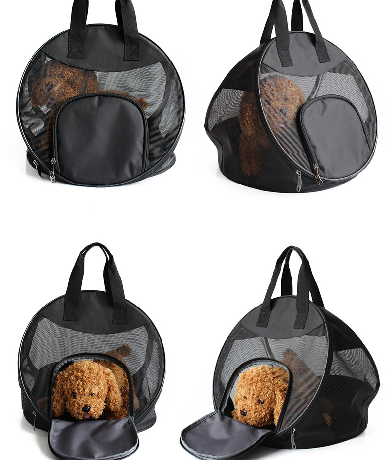 Foldable pet carrier for car travel, breathable mesh for dogs & cats, black.