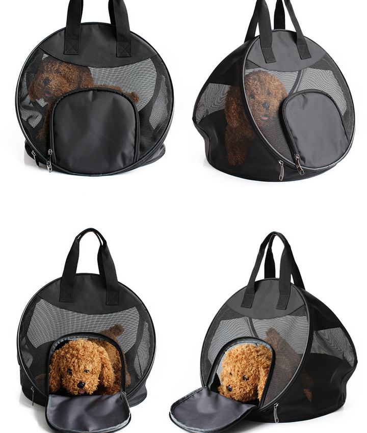 Foldable pet carrier for car travel, breathable mesh for dogs & cats, black.