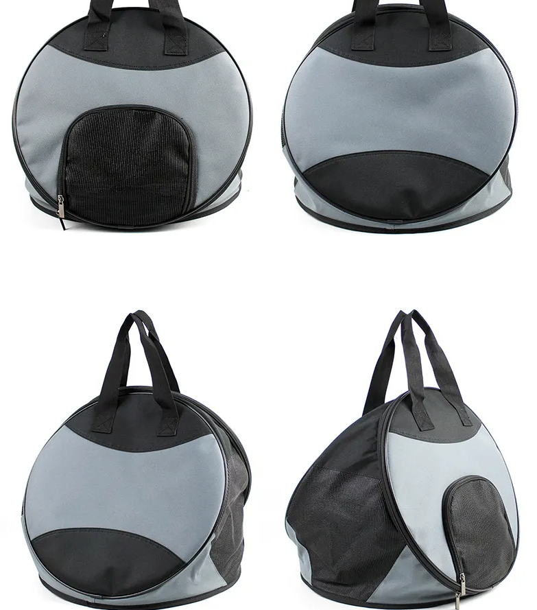Black pet carrier, portable & foldable for car trips, ensuring pet safety & comfort.