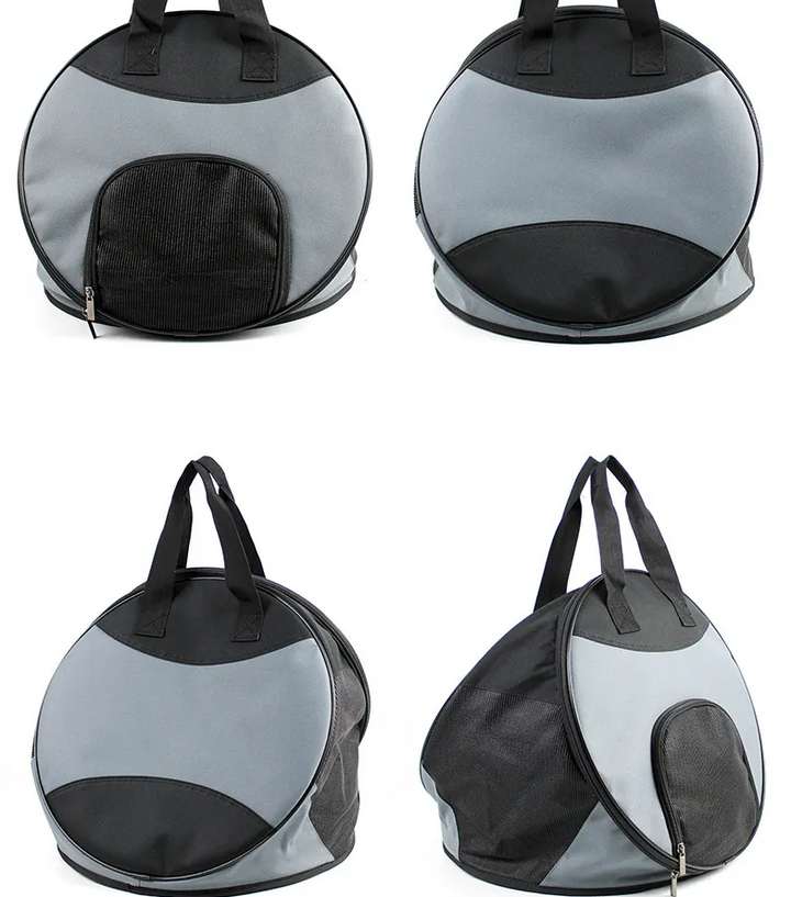 Black pet carrier, portable & foldable for car trips, ensuring pet safety & comfort.