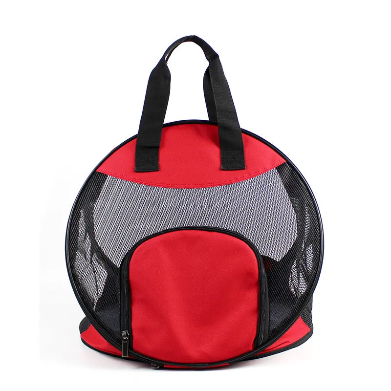 Foldable pet travel bag with shoulder strap & mesh windows, perfect for cars.