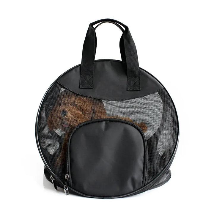 Portable dog carrier, quick setup for car seats, black & durable fabric.