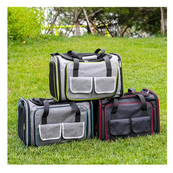 Foldable pet carrier for cars, expandable for dogs & cats, featuring mesh windows & shoulder strap, beige