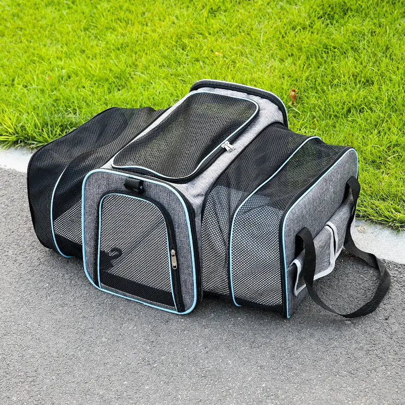 Expandable dog carrier for car travel, foldable design, with soft inner lining & secure zippers, brown