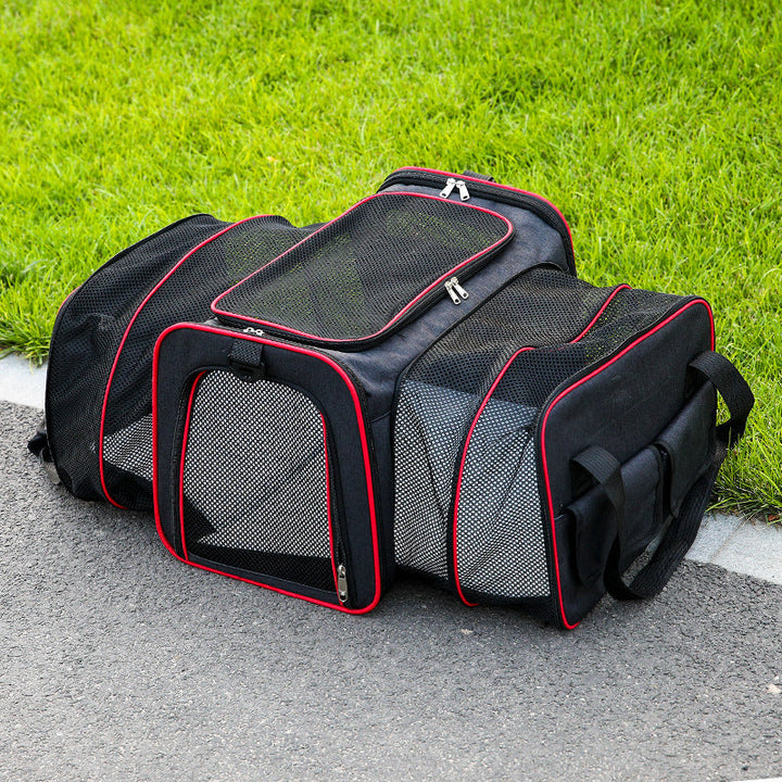 Cat carrier with expandable sides for car, portable & foldable, featuring top handle & storage pockets
