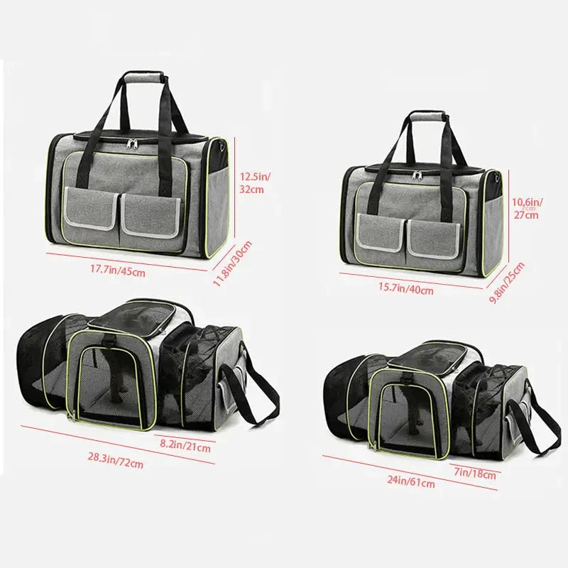 Pet car carrier travel bag, expandable & foldable, unisex design in grey, for comfortable pet journeys