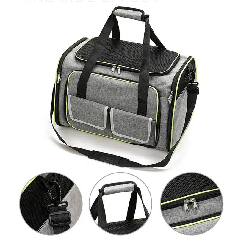 Small pet carrier for car travel, expandable for extra room, foldable storage, with breathable mesh & sturdy base