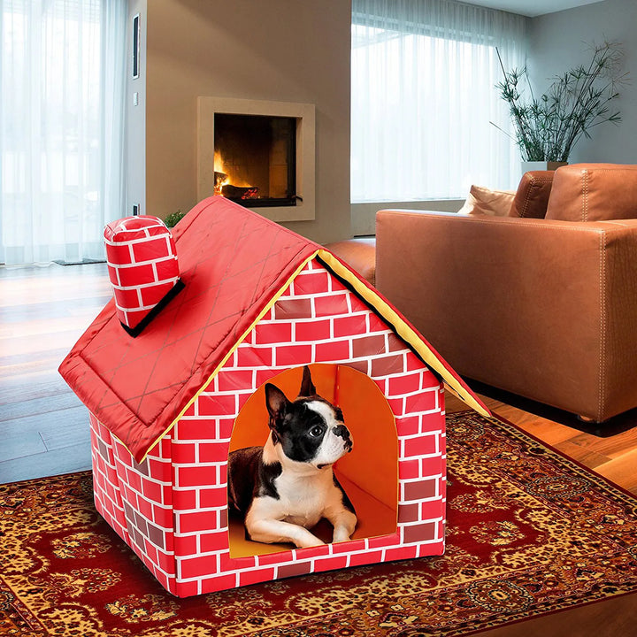 Foldable pet house with red brick design for indoor dog comfort