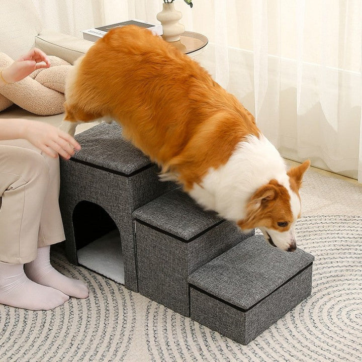 Foldable pet stairs and ramp for dogs and cats, pet mobility aid in gray, showing steps and ramp function