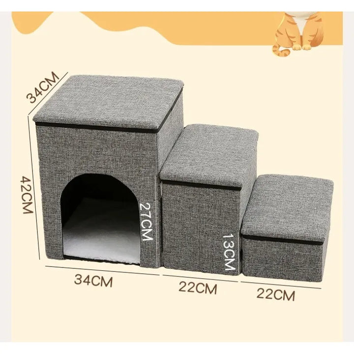 Senior pet safely using a foldable dog and cat ramp, beige pet stairs for small dogs and cats