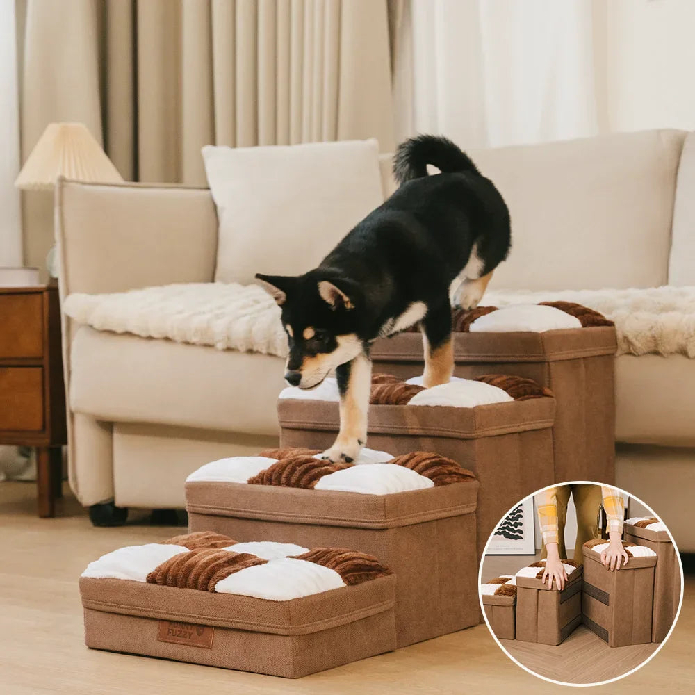 Foldable pet stairs for dogs & cats with built-in storage (chessboard pattern), supporting joint health.