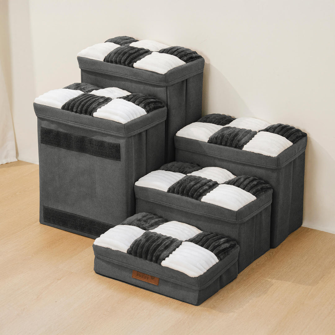 Multifunctional pet furniture: Foldable stairs with integrated storage, chessboard style.