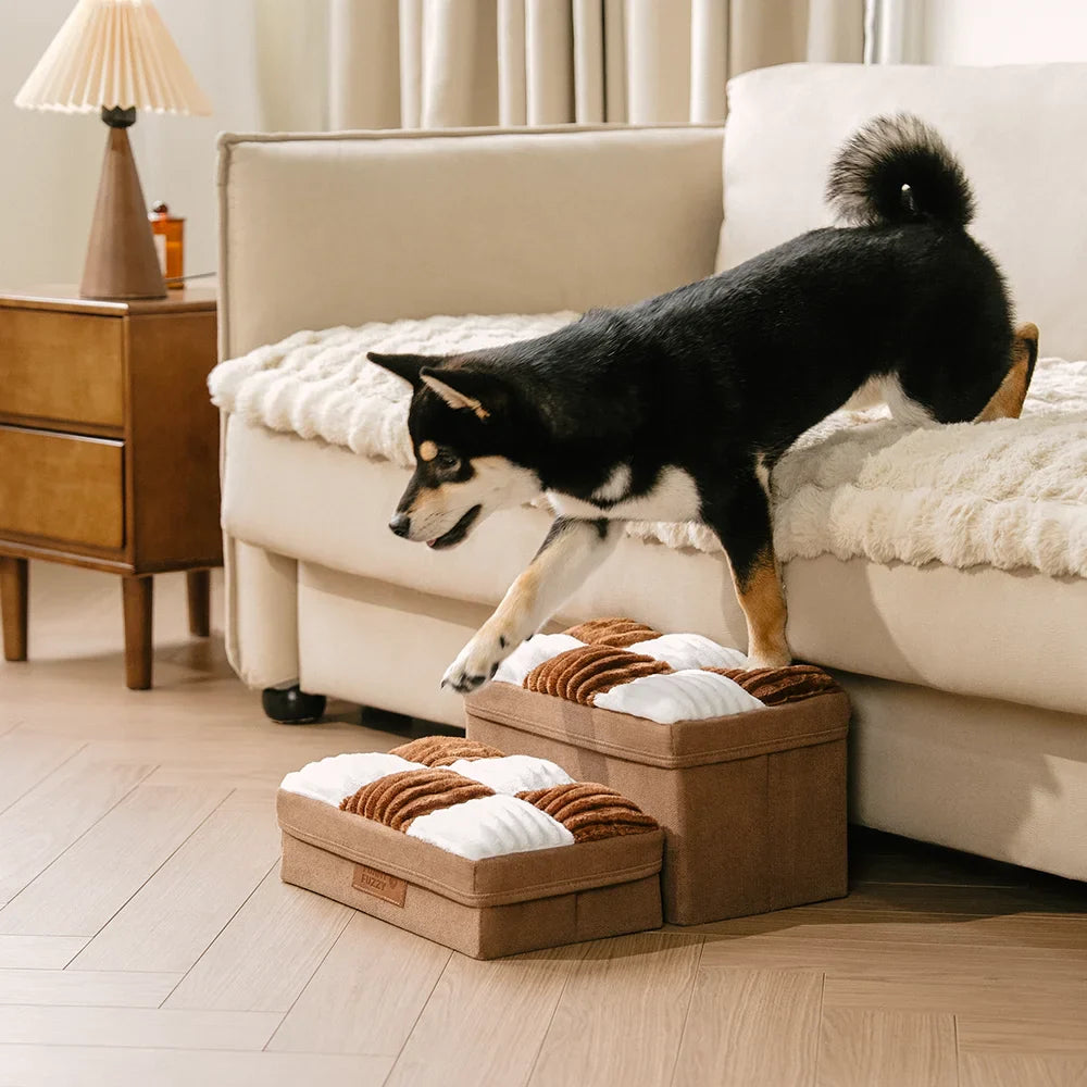 Space-saving foldable pet steps with storage, assisting pets with mobility issues.