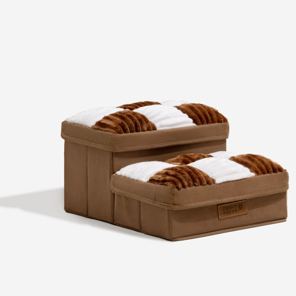 Foldable pet stairs, perfect for bed or couch access, with extra storage space.