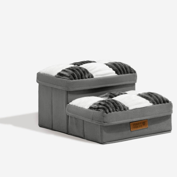 Stylish chessboard pattern foldable pet stairs with storage, blending with home decor.