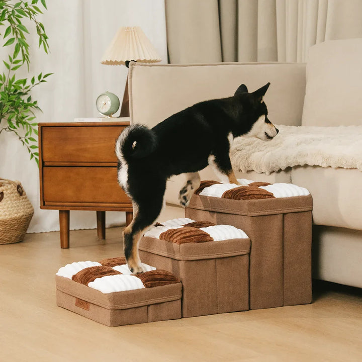 Pet stairs with storage, foldable for convenient put-away, supporting senior pets.