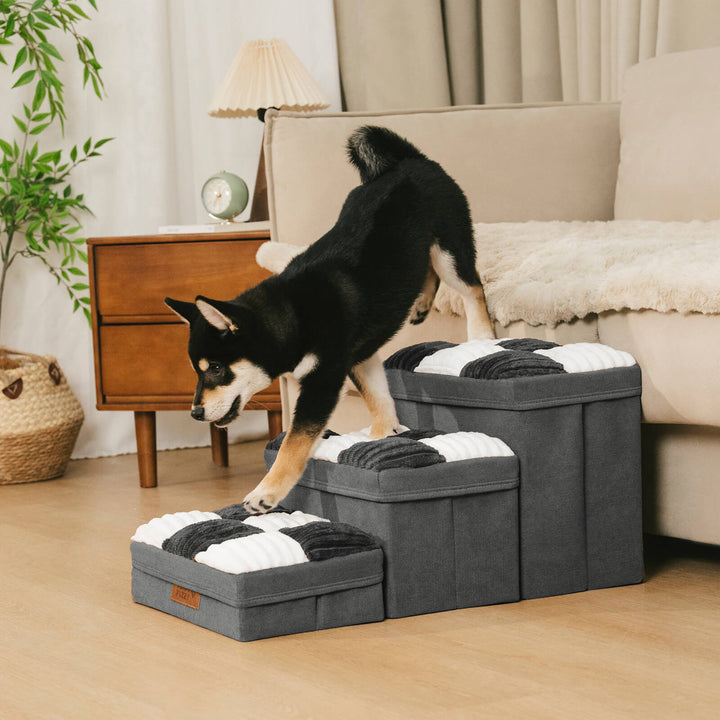 Foldable dog steps with storage, offering safe and easy access to elevated surfaces.