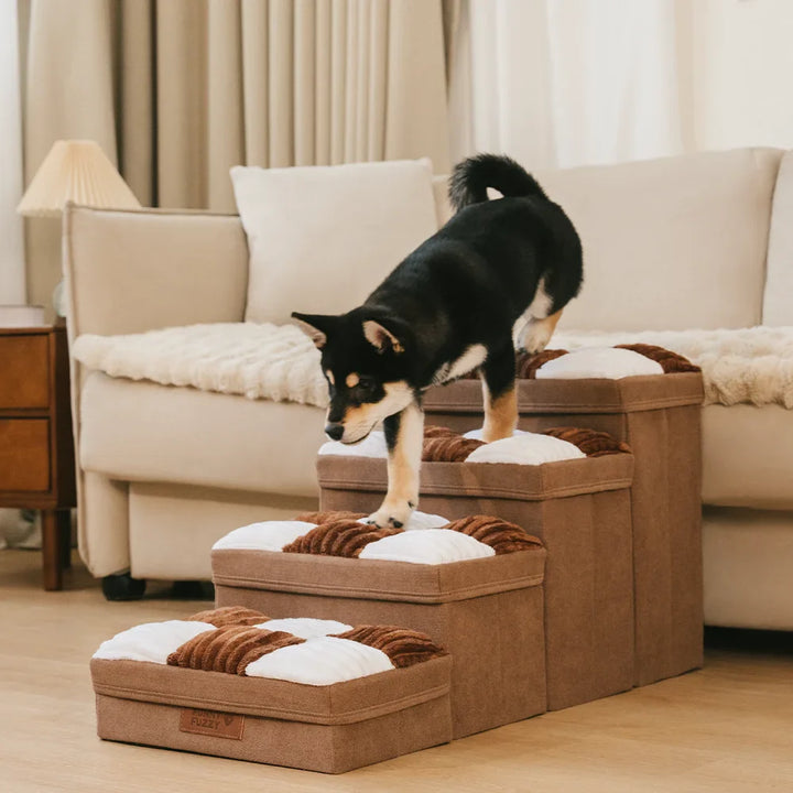 Cat stairs with storage, foldable design, providing a secure climbing solution.