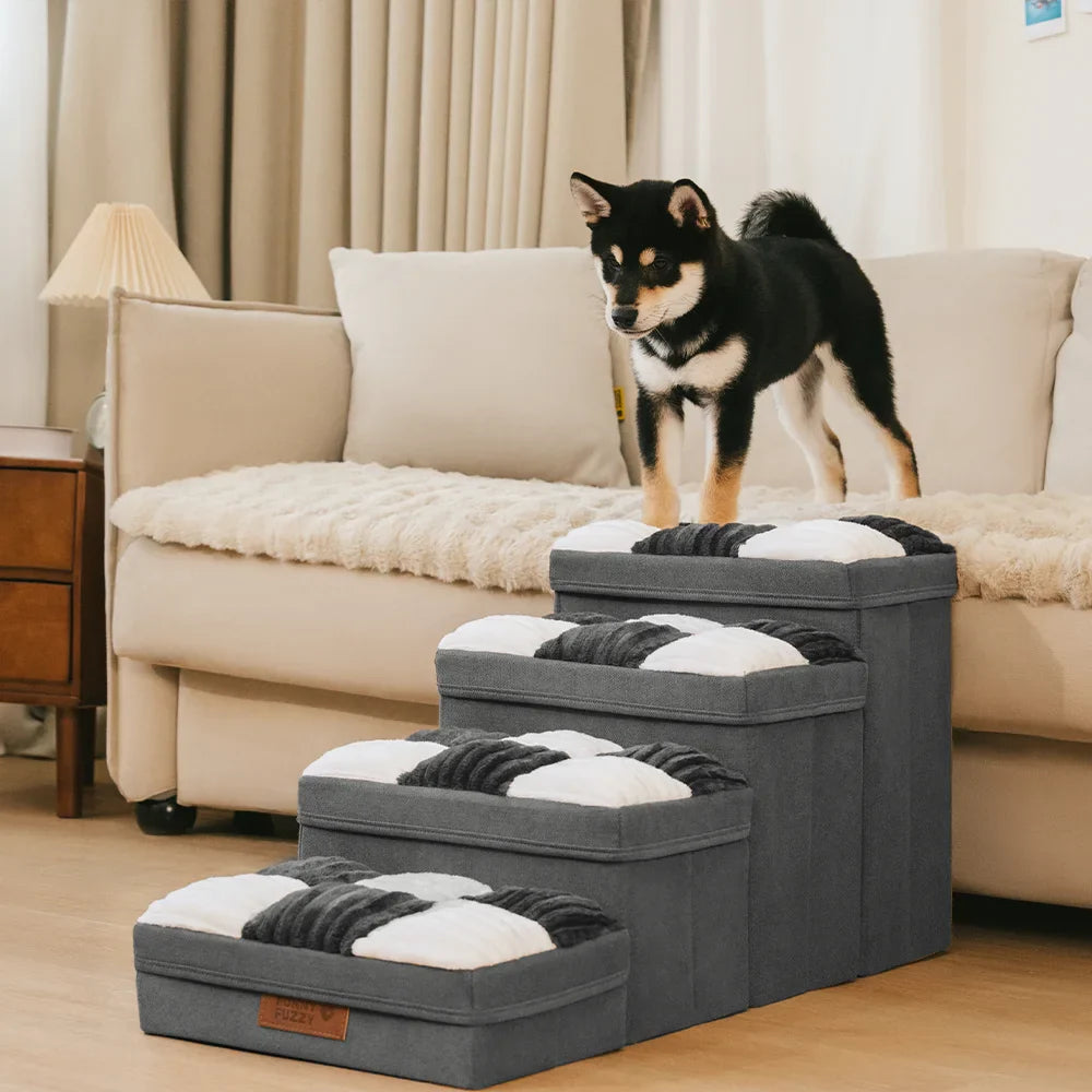 Joint support pet stairs, foldable with storage, designed for small to medium pets.