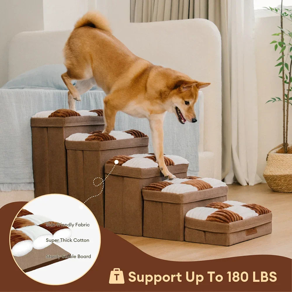 Dog stairs with 3 steps, foldable design, offering convenient storage for toys & accessories.