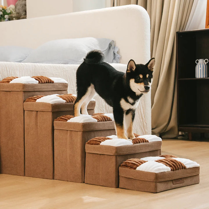 Chessboard design foldable pet stairs with storage, enhancing pet independence.