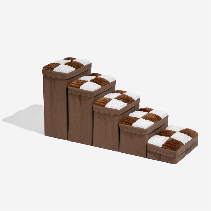Foldable pet stairs with generous storage for pet essentials, a practical addition.