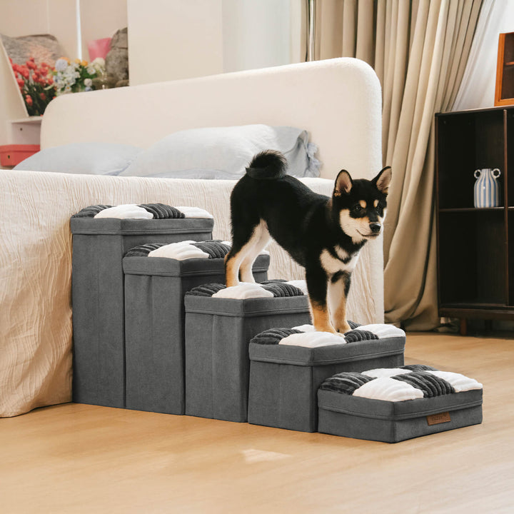 Pet stairs with storage, foldable and sturdy, offering a comfortable ascent for pets.