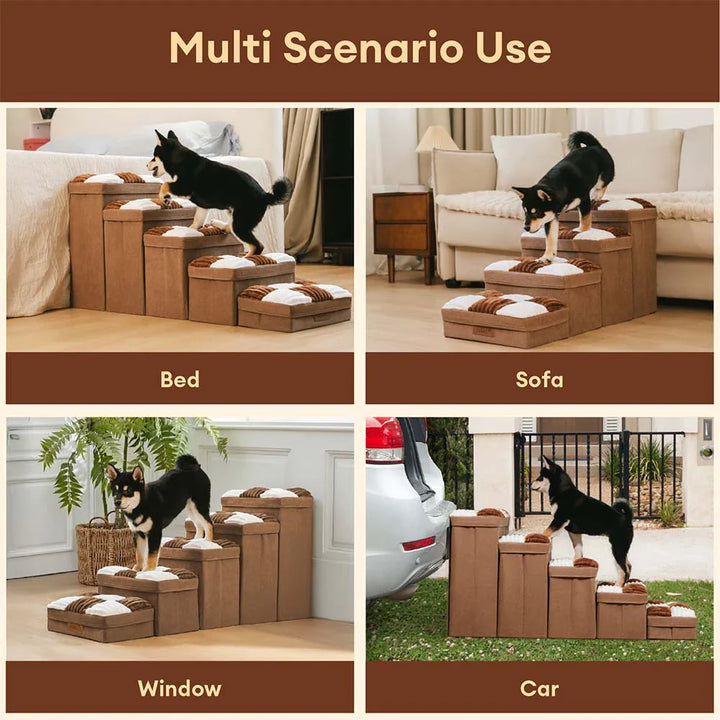 Foldable pet ramp alternative for dogs & cats, with hidden storage compartments.
