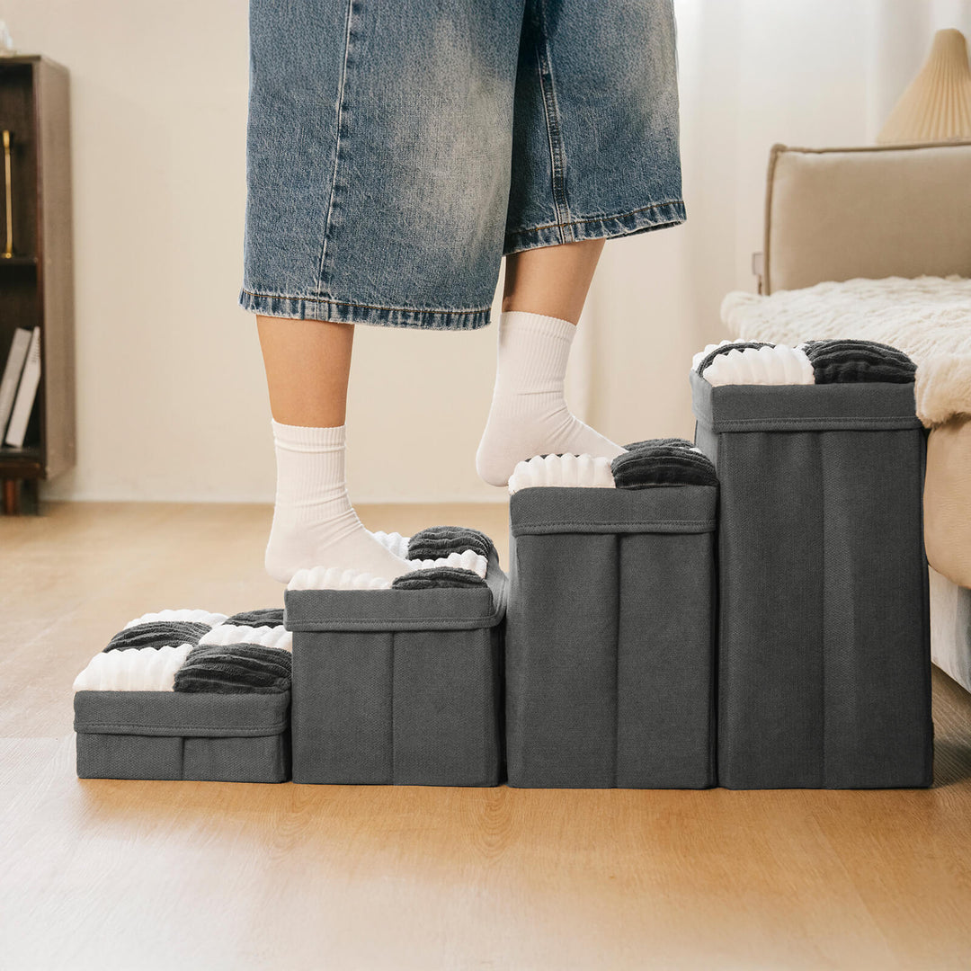 Pet accessibility solution: Foldable dog & cat stairs with storage for blankets & treats.