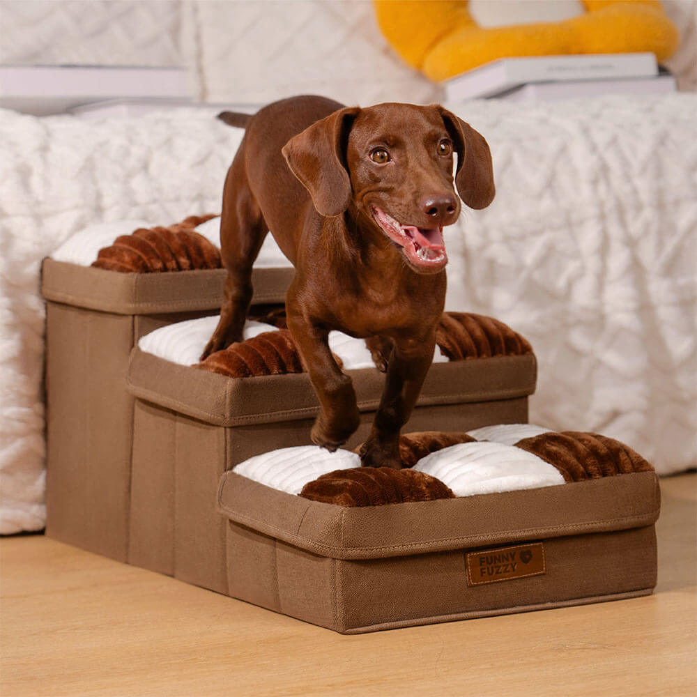 Foldable pet stairs with storage for small dogs, offering joint support and easy portability.