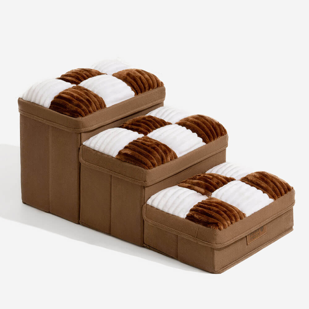 Durable foldable pet stairs for small dogs, with ample storage for pet essentials.