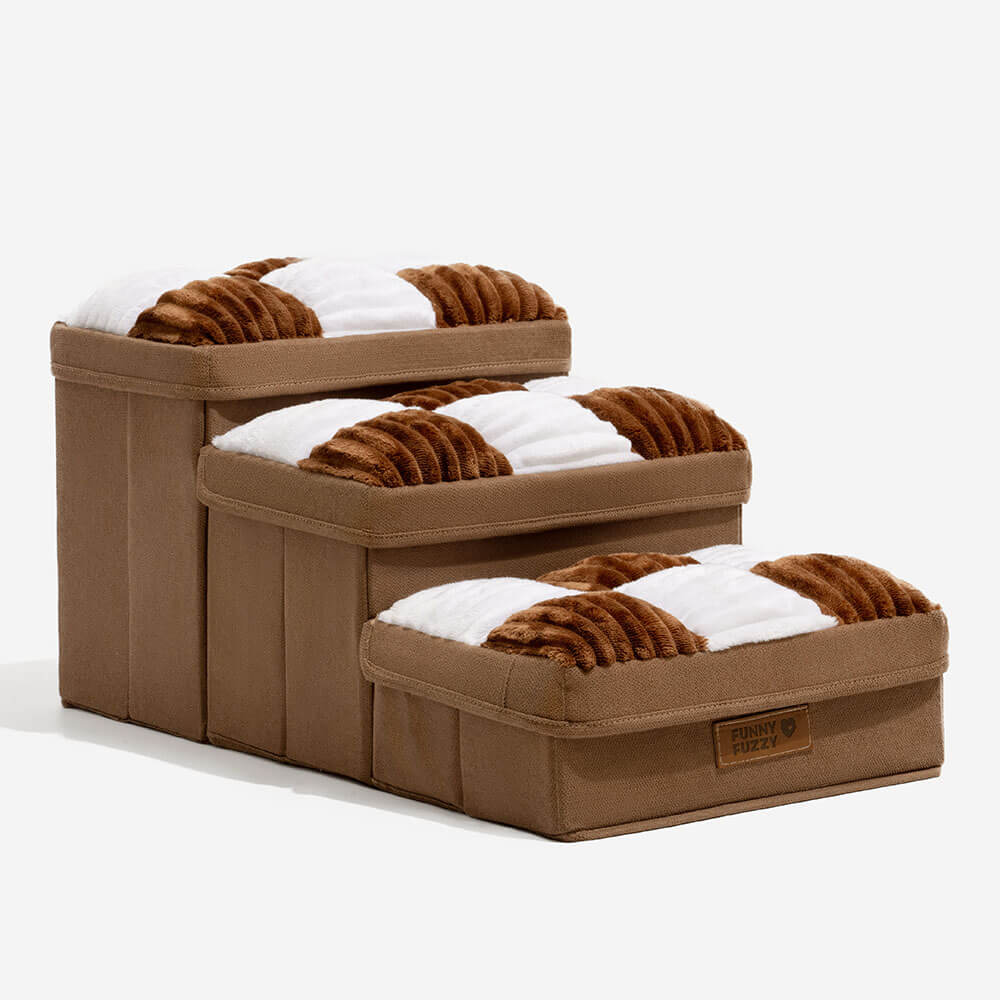 Foldable pet stairs with non-slip treads and storage, ensuring safety for small dogs and elderly pets.