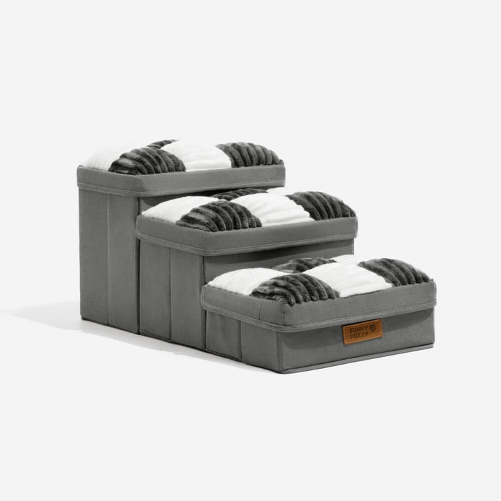 Elegant foldable pet stairs with storage for small dogs, combining style and utility.