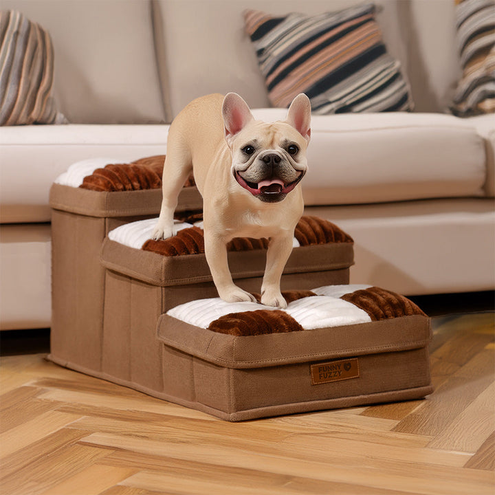 Wooden foldable dog stairs with storage compartment, perfect for small pets to reach furniture.
