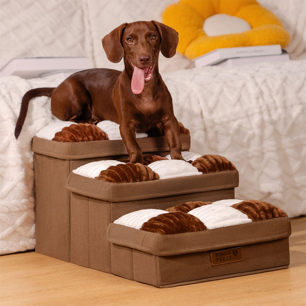 Grey fabric foldable pet steps for small dogs, featuring hidden storage and joint support for pets.