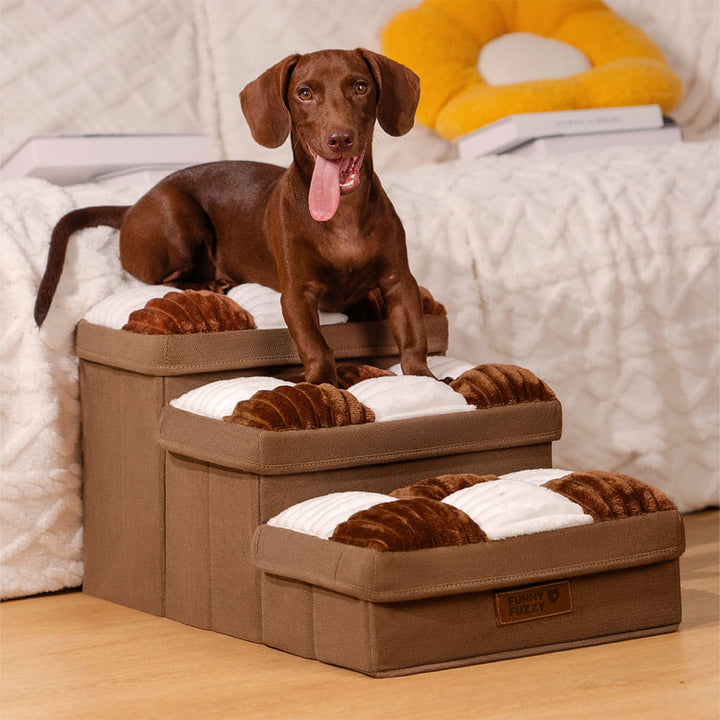 Grey fabric foldable pet steps for small dogs, featuring hidden storage and joint support for pets.