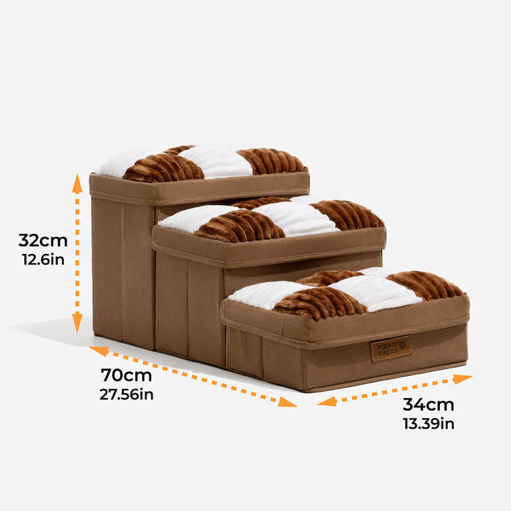 Small dog comfortably using foldable pet stairs with storage, promoting joint health.